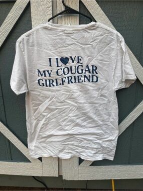 White mens “I Love My Cougar Girlfriend" Graphic Tee